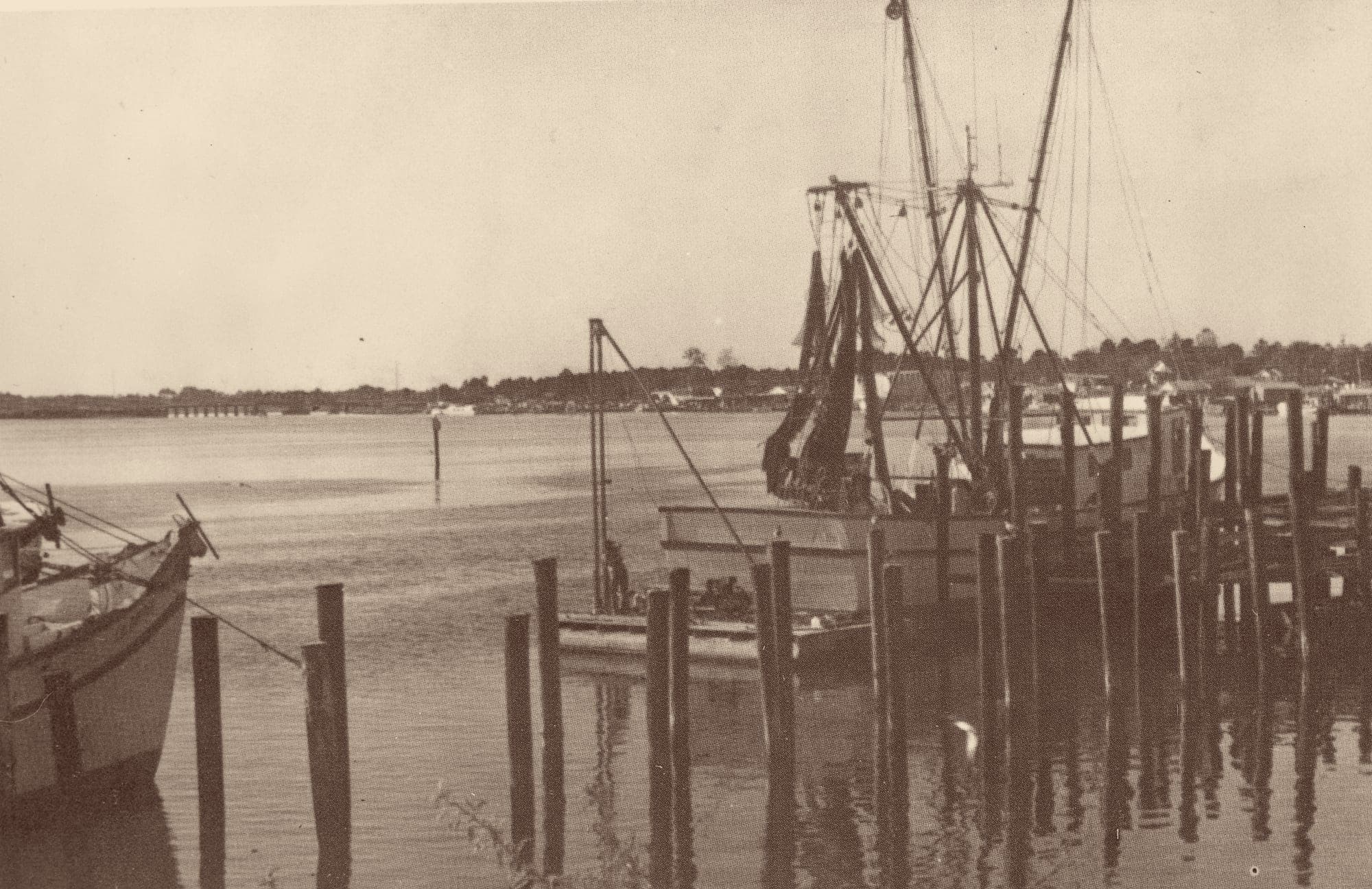 Shrimp boats moored along wooden pilings on the Carrabelle River in the early twentieth century, their masts and rigging reflected in flat water, with the low treeline of the far bank behind them.